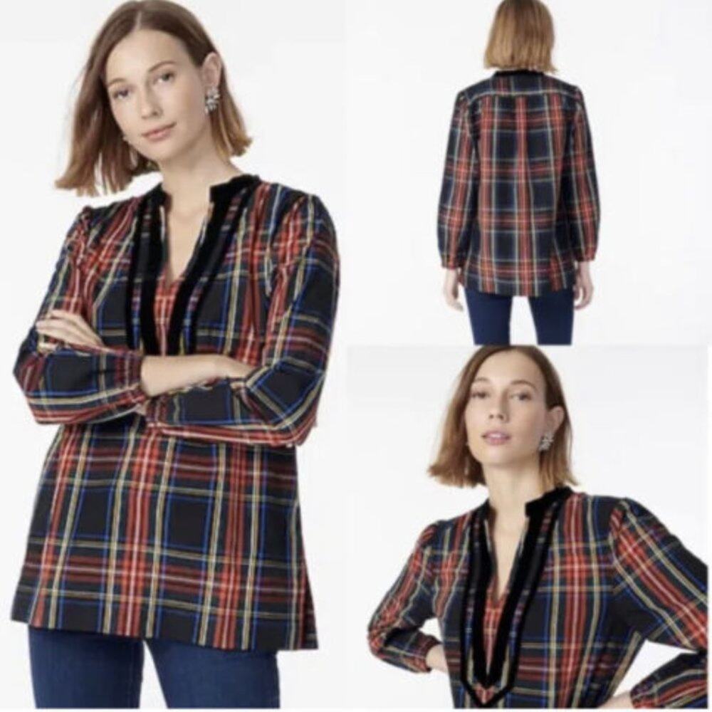J. Crew Velvet Trimmed Tartan Plaid V-Neck Tunic Size Small